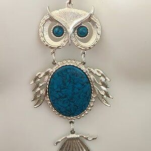 Vintage Huge Mod Revival Articulated Gold Enamel Dangle Owl Pendant 24" Necklace